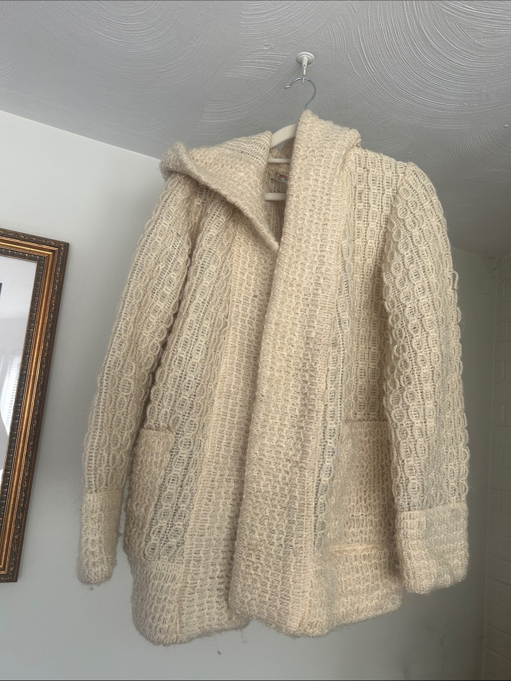 100% Wool Greek Vintage Open-Front Pocket Hooded Knit Women's Cardigan Sweater